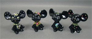 Lot of Four Fenton Glossy Black Decorated Mice