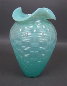 Fenton Aqua Opal Basketweave Tri Cornered Vase