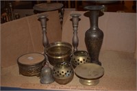 Lot of Brass Candle Holders, Vase, etc