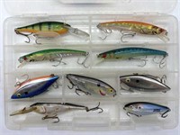 Fishing Lures in Plastic Tackle Box 11” x 7.5” x