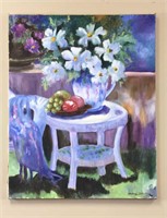 Oil painting of flowers in a vase