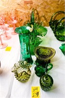 Green Glass Pieces Including Apple, Small Hobnail