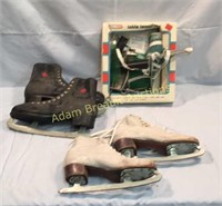 Vintage table tennis set and two pairs ice skates