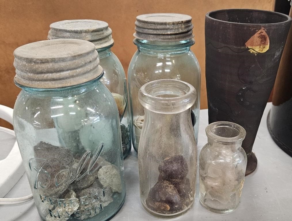 Lot Of Different Jars Filled With Rocks & Sewing