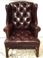 Vtg. Leather Tufted English Chippendale Wing Chair