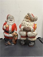 2 PC LARGE HEAVY SOLID PLASTER SANTA CLAUSES
