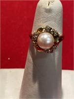 Gold color ring with Pearl and CZ. Size 6. Marks