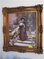 Gilt-Framed Painting on Canvas, Woman & Collie Dog