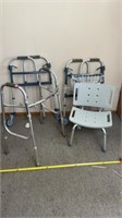 3 fold up walkers, shower seat
