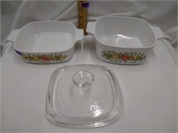 2 Pyrex casserole dishes, 7" w/ lid, 7" shallow