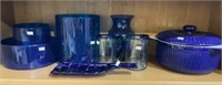 Shelf lot - blue glass vases, blue cooking pot,