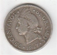 1947 Dominican Republic 25 Centavos 90% Silver
