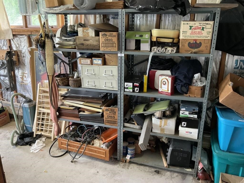 pair of metal shelves & everything on them