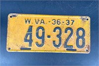 1936-37 WEST VIRGINIA LICENSE PLATE #49328