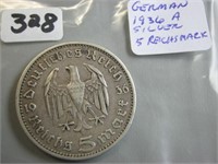 1936A German Silver Five Reichsmark Coin