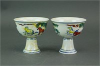 Pair Chinese Ducai Horse Porcelain Stem Cups