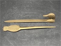 Pair of brass letter openers duck & pineapple