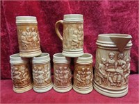 Antique Pottery beer pitcher w/6 mugs.