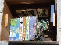 BOX LOT: VHS TAPES, CAR ART, CAST IRON POT