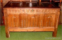 18th Century Carved Oak Three Panel Coffer