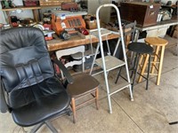 Office Chair, Step Stool, 2 Shop Stools