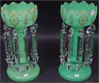 A pair of 13" high green opaque frosted glass