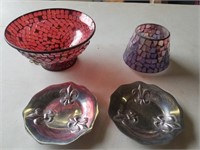RED TILE BOWL, CANDLE LAMP SHADE, 2 SILVER DISHES