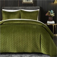 Ivellow Queen Green Reversible Velvet Quilt - 3Pcs