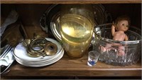 Shelf lot with baby doll, 2 brass horns, glass