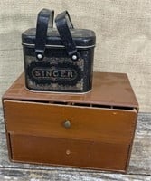 Singer sewing tin and wooden box with thread
