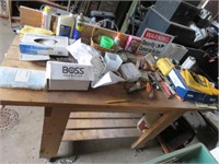 WOOD WORK BENCH WITH CONTENTS - ROPE, BRUSHES,