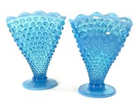 Pair Light Blue Opalescent Hobnail Fam Vases