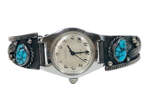 STERLING AND TURQUOISE BRACELET WATCH