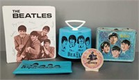 5 vintage 1964 Beatles items, record case, clock,