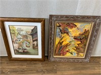 2pc Fr. Art: Yellow Abstract, Asian Canal Scene