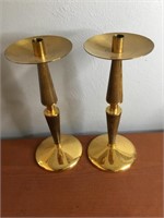 Mid Century Modern Brass Tone Wood Candle Stands