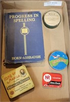MISCELLANEOUS LOT OF TINS, INKED RIBBON & BOOK