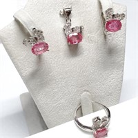 .925 Silver Ruby Pendant Earrings & Ring Set sz9
