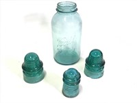 9.25" H Teal Ball Jar & 3 Glass Insulators