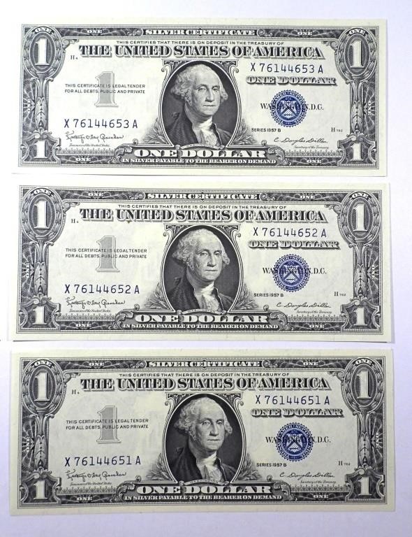 (3) 1957 $1 SILVER CERT CONSECUTIVE #