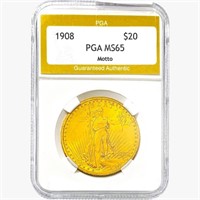 1908 $20 Gold Double Eagle PGA MS65 Motto