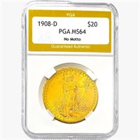 1908-D $20 Gold Double Eagle PGA MS64 No Motto