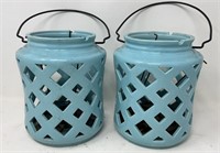 Pair of Turquoise Ceramic Tealight Lanterns