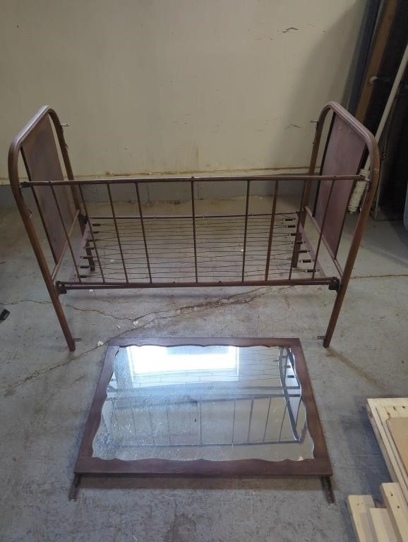 Antique Metal Crib Frame and Mirror, Bed is