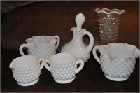 box of hobnail milk glass pieces