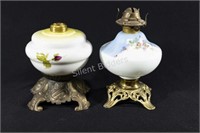 Victorian White Floral Oil Lamp & Bronze Bases