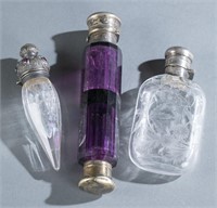 3 glass and crystal perfume bottles w/ metal caps.