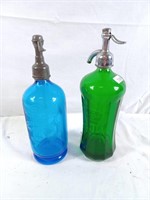 Vintage green and blue seltzer bottles. Schiff