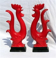 Pair of Tall Very Red Chickens Japan