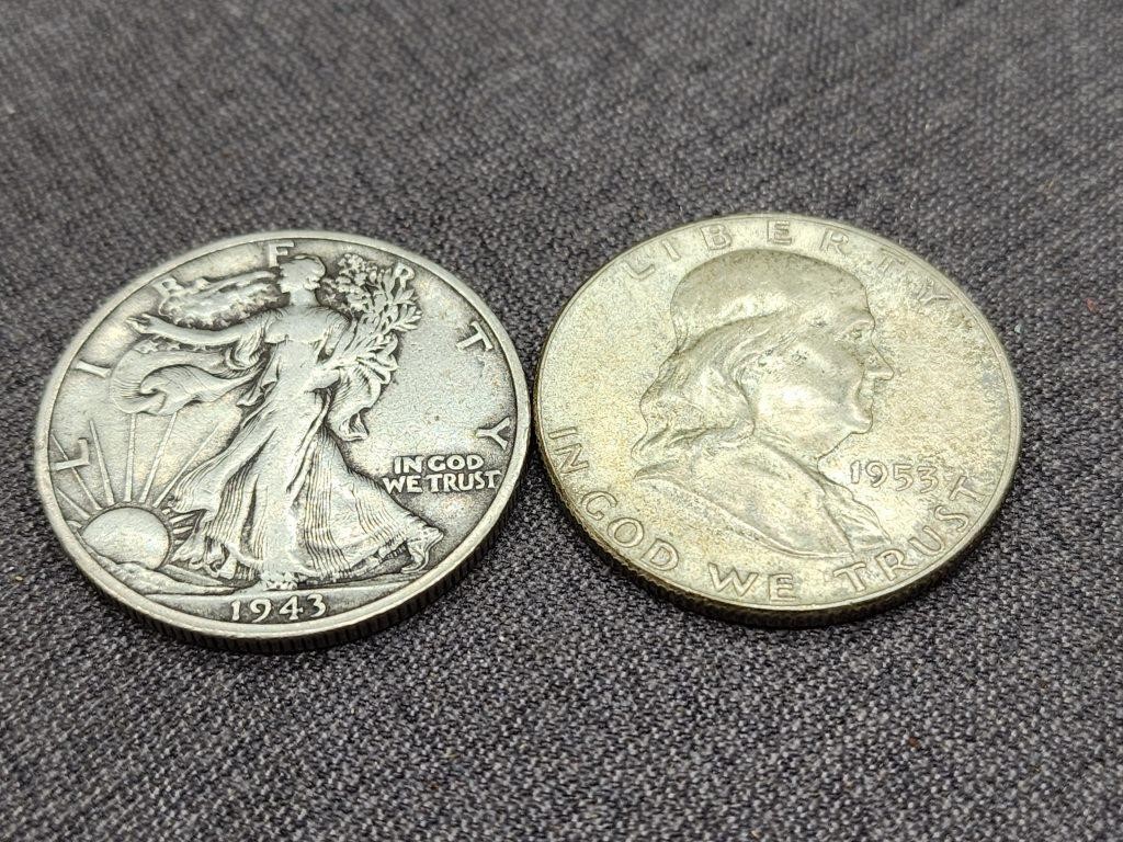 2 silver Half dollars.  1943 S Walking Liberty
